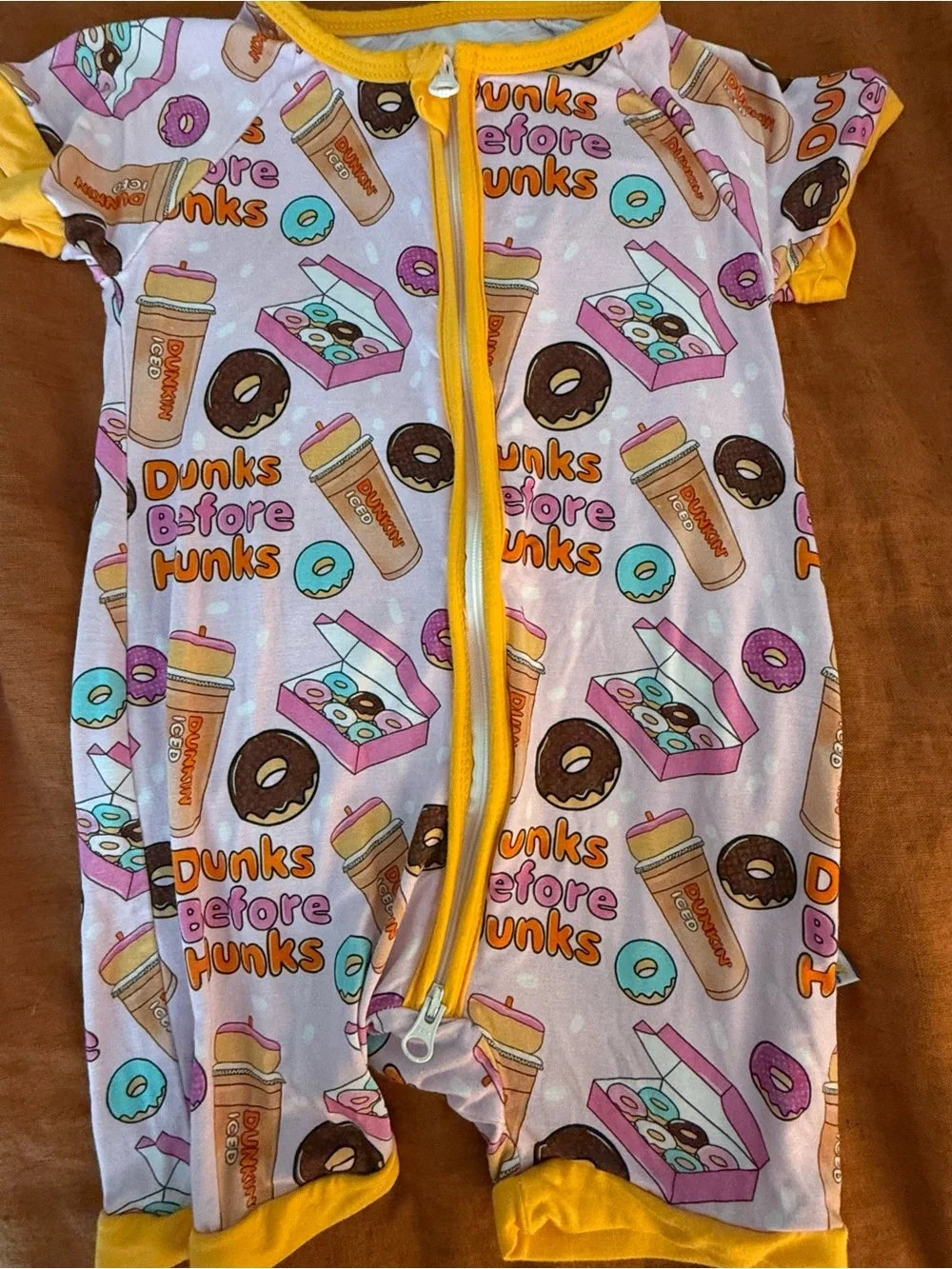Bamboo Dunks Before Hunks Infant Romper with Donut & Coffee Print
